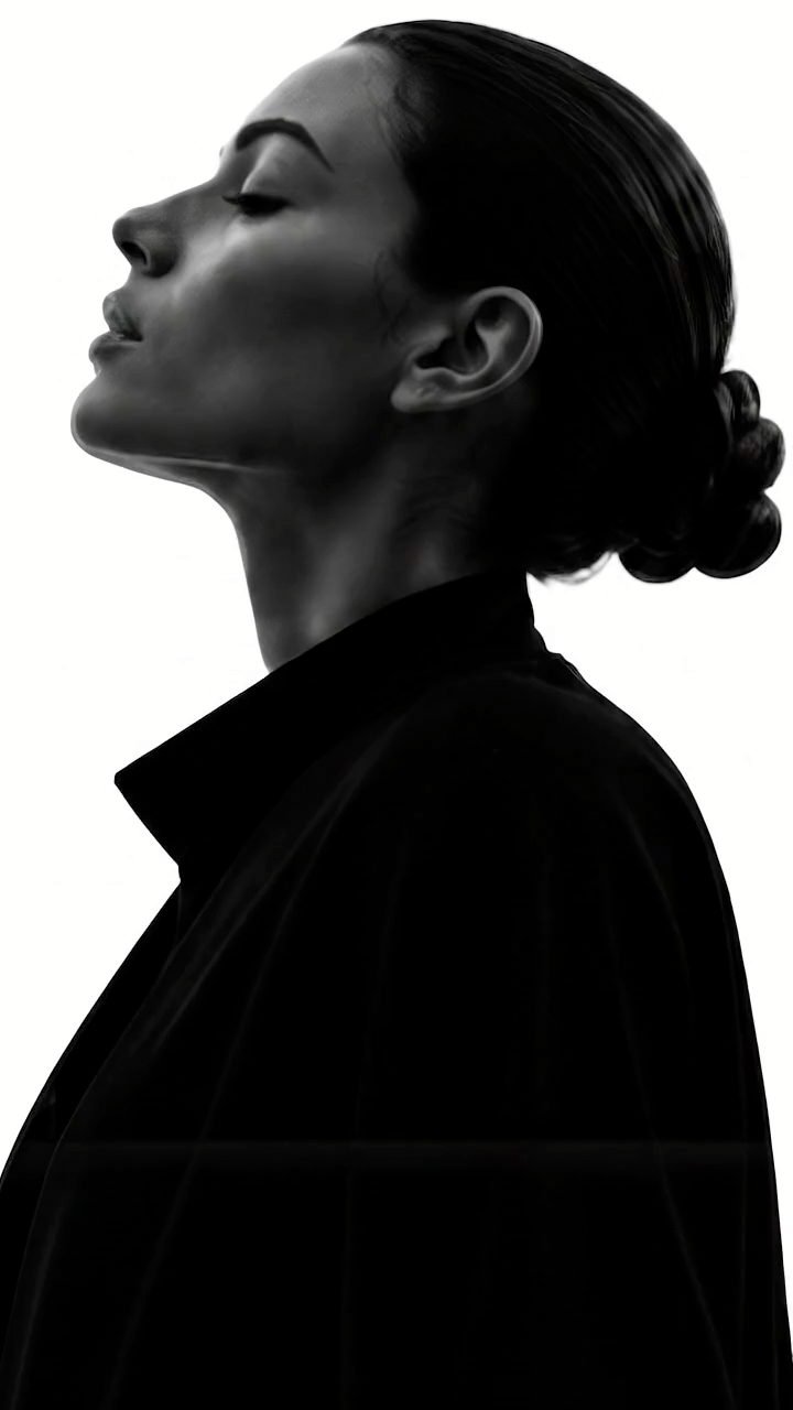 Profile of a woman in black, eyes closed, face turned upward