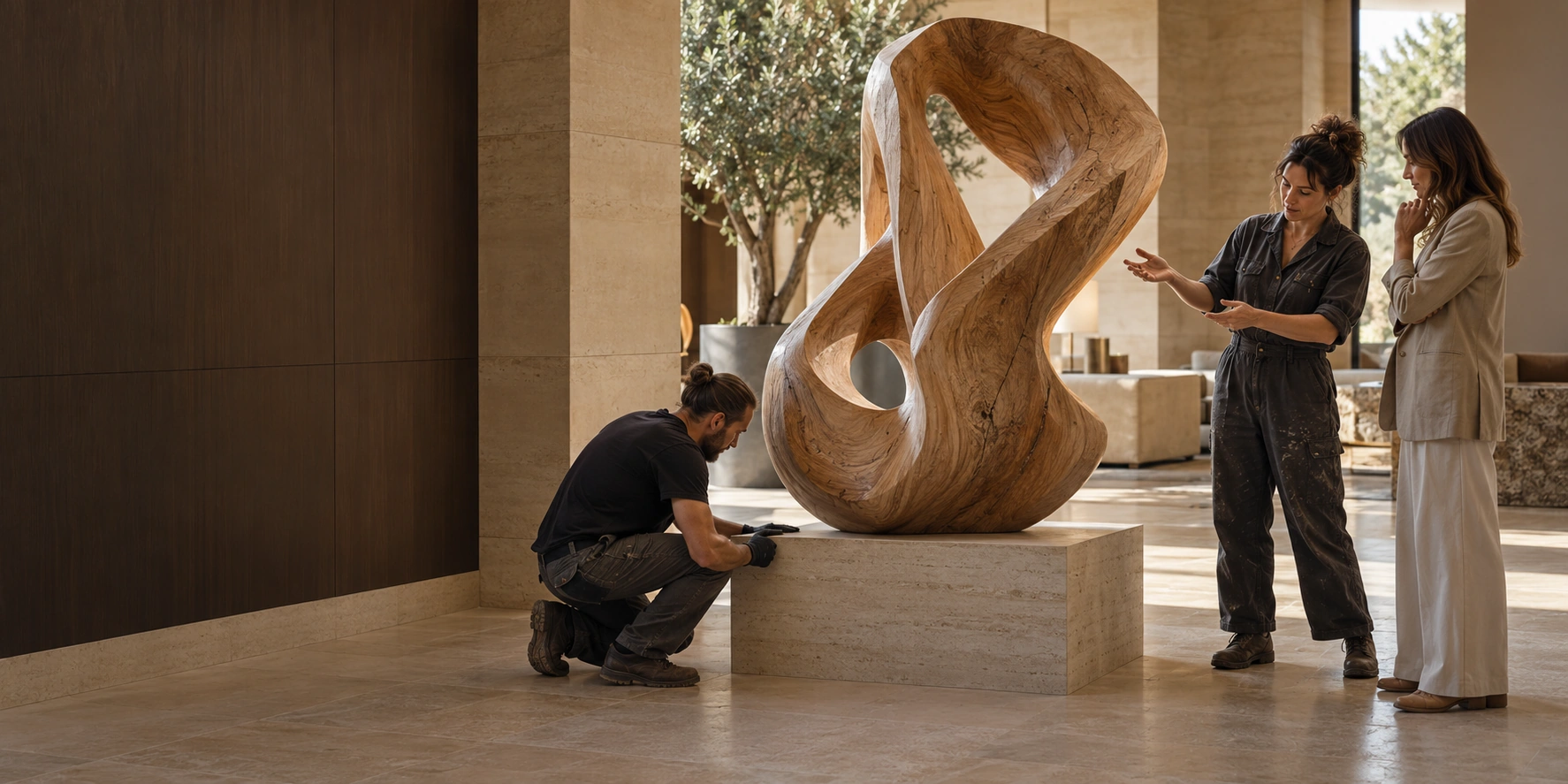 An artist and hospitality collaborator discussing a commissioned sculpture as an installer adjusts its display.
