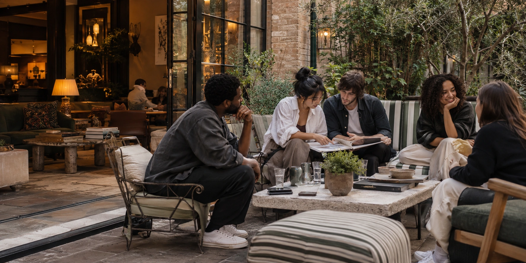 Casually dressed creatives sharing a sketchbook and conversation on a leafy members-club terrace.
