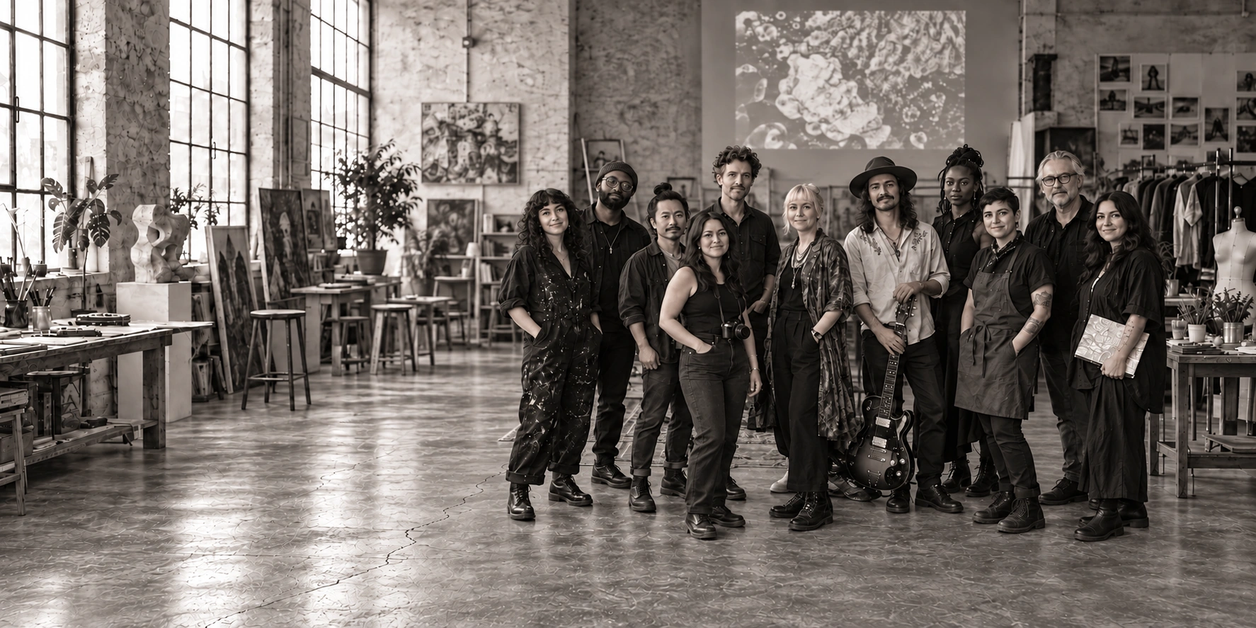 Artists from different creative disciplines standing together in a working studio